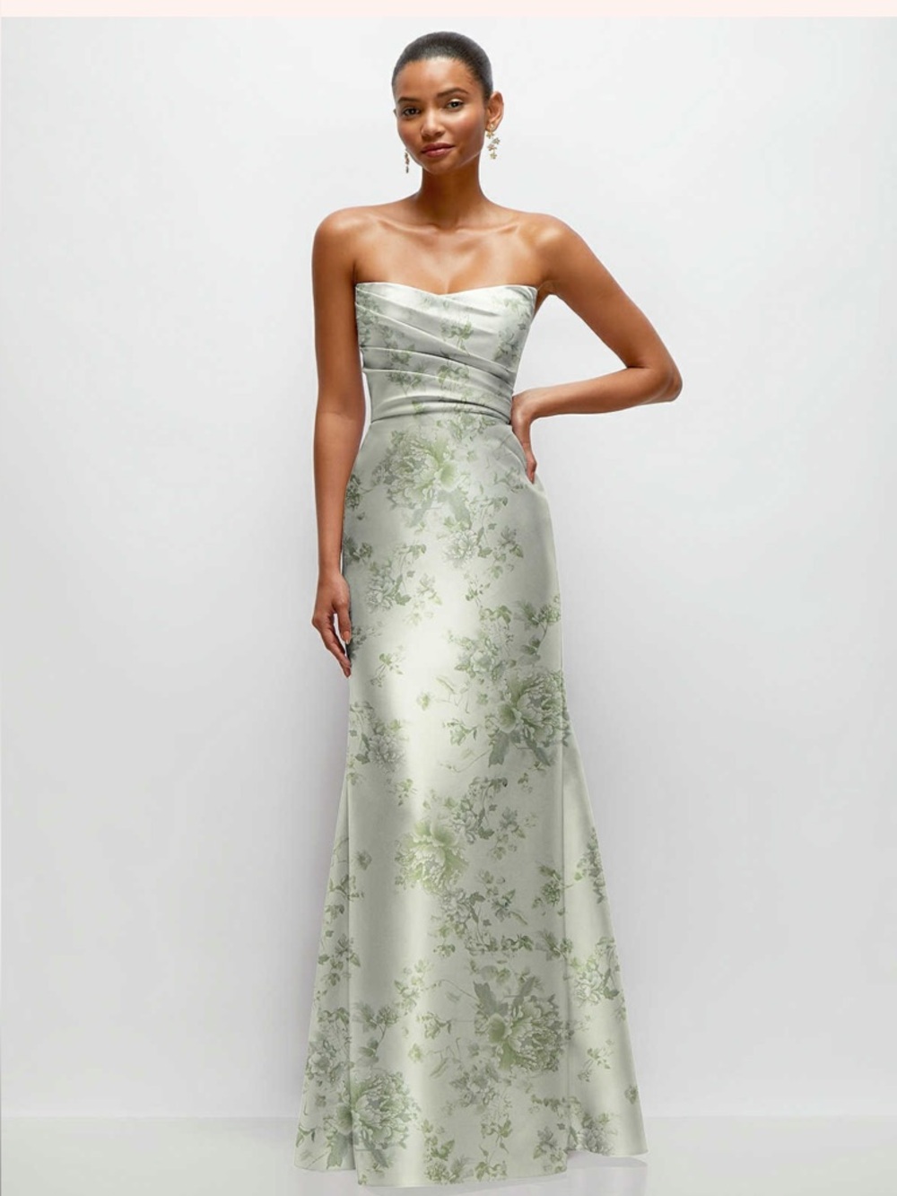 ALFRED SUNG Strapless Light Sage Green Floral Satin Gown